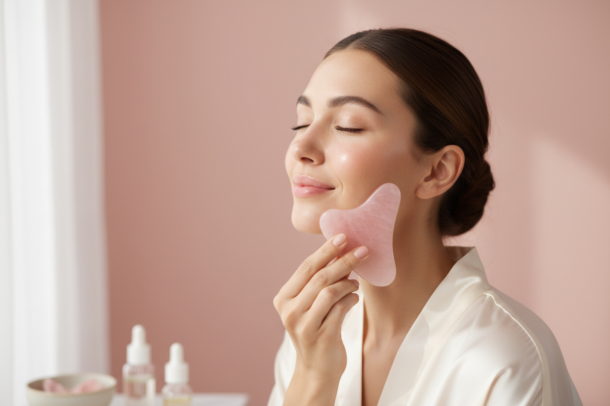 a woman applying guasha on her face with a pink background